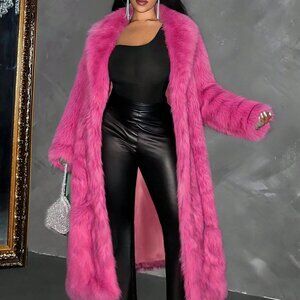 Hot Pink Casual Women's Plus Size Lapel Neck Loose Faux Fur Coat